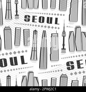 Vector Seoul Seamless Pattern, repeating background with illustration of famous asian seoul city scape on white background for wrapping paper, monochr Stock Vector