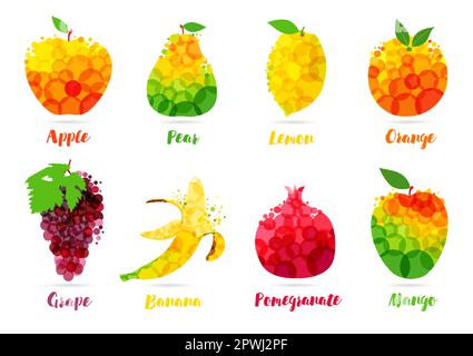 Set of abstract colorful fruits design. Creative icon design of apple, pear, lemon, orange, grape, pomegranate, banana, mango for label of fresh juice Stock Vector