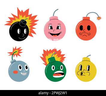 Bomb character. Doodle explosive round weapon mascot with funny retro cartoon faces and expressions. Vector explosion colorful smoke, explosive and bu Stock Vector