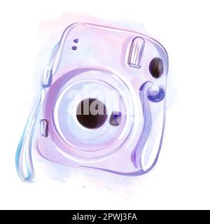 Watercolor hand drawn pink instant photo camera isolated on white background. Retro photography, isolated. Stock Photo