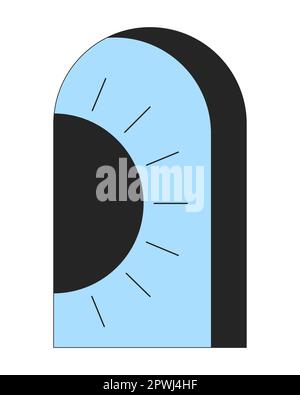Arched window with peeping out black sun on blue sky flat line color vector concept Stock Vector