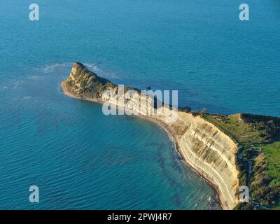AERIAL VIEW. Cape of Rodon jutting out into the Adriatic Sea. Durrës County, Albania. Stock Photo