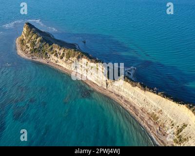 AERIAL VIEW. Cape of Rodon jutting out into the Adriatic Sea. Durrës County, Albania. Stock Photo