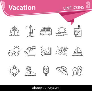 Vacation line icon set. Scuba diving, flip flops Stock Vector