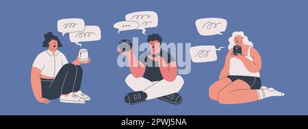 Young men and women are using the voice assistant. Cute character holds wireless speakers on his hand. Friendship between humans and artificial Stock Vector