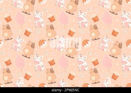 Sweet seamless pattern.Cute teddy bear,donut,cotton candy,unicorn,ice cream.Kawaii background for print,bakery,packaging Stock Vector