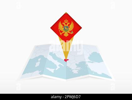Montenegro is depicted on a folded paper map and pinned location marker with flag of Montenegro. Folded vector map. Stock Vector