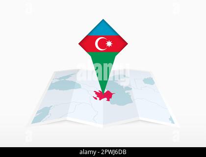 Azerbaijan is depicted on a folded paper map and pinned location marker with flag of Azerbaijan. Folded vector map. Stock Vector