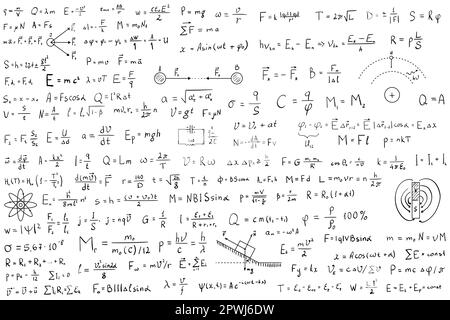 Many different physics formulas written on blackboard Stock Photo