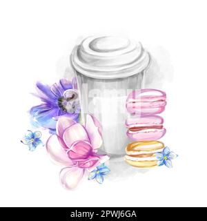 Paper cup of coffee and multicolored macarons in a watercolor style. French breakfast, bakery. Romantic trip to France, clipart for banner design, pos Stock Photo