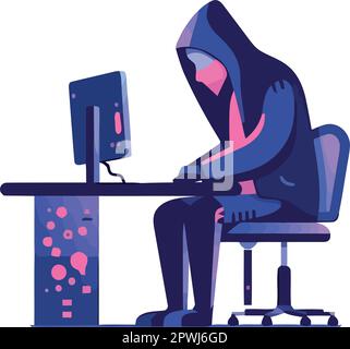 hacker man typing on computer in isolated Stock Vector