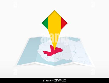 Mali is depicted on a folded paper map and pinned location marker with flag of Mali. Folded vector map. Stock Vector
