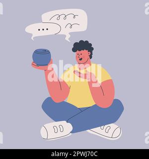 Young man is using a voice assistant. A cute character holds a wireless speaker on his hand. Friendship between humans and artificial intelligence. Stock Vector