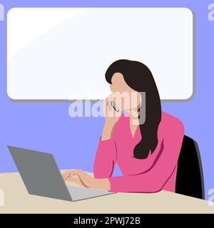 A faceless girl with a phone in her hand sits at a laptop. Online education concept, business concept. Vector image. Stock Vector