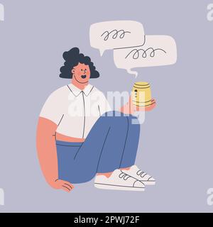 Young woman is using voice assistant. A cute character holds a wireless speaker on his hand. Friendship between humans and artificial intelligence. Stock Vector