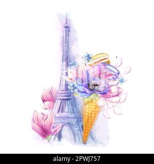 Spring watercolor illustration with eiffel tower and magnolias. Ideal for poster, postcard, invitation, banner. French romance, clipart. Stock Photo