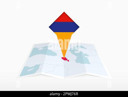 Armenia is depicted on a folded paper map and pinned location marker with flag of Armenia. Folded vector map. Stock Vector