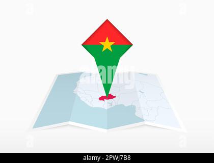 Burkina Faso is depicted on a folded paper map and pinned location marker with flag of Burkina Faso. Folded vector map. Stock Vector