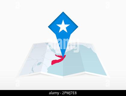 Somalia is depicted on a folded paper map and pinned location marker with flag of Somalia. Folded vector map. Stock Vector