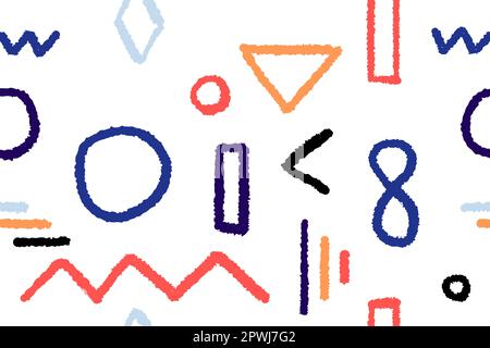 Abstract seamless pattern. Vector texture with colorful doodle brush shapes. Triangles, circles and zigzags - trendy brush stroke design. Stock Vector