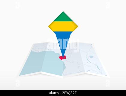 Gabon is depicted on a folded paper map and pinned location marker with flag of Gabon. Folded vector map. Stock Vector