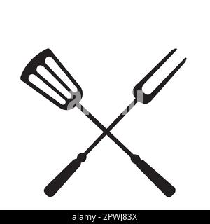 Black spatula and fork on a white background with copy space Stock Vector