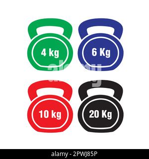 Kettlebells of different colors and weights on a white background Stock Vector