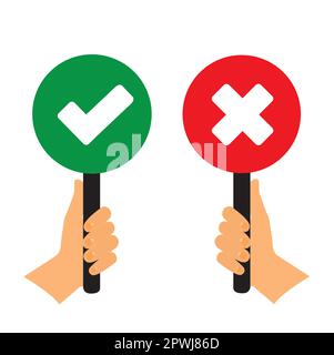 Human hands holding green aprovattion and red no aprovattion signs on a white background Stock Vector