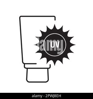 A sun tan lotion and a ultraviolet radiation sign on a white background with copy space Stock Vector