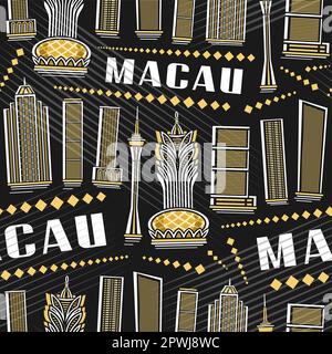 Vector Macau Seamless Pattern, square repeating background with illustration of famous asian macau city scape on dusk background for wrapping paper, d Stock Vector