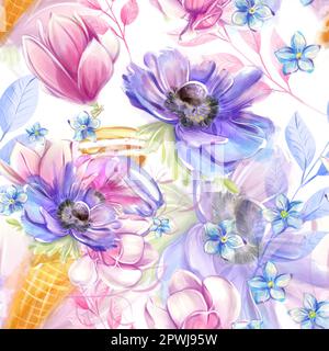 Seamless romantic floral pattern with spring flowers in a watercolor style. From magnolias, anemones and forget-me-nots. Ideal for textile, industrial Stock Photo
