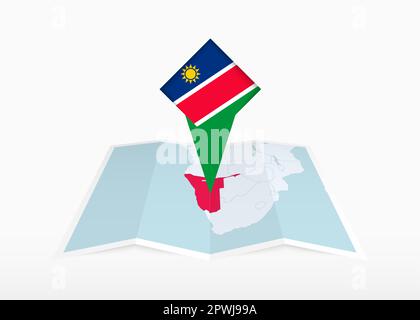 Namibia is depicted on a folded paper map and pinned location marker with flag of Namibia. Folded vector map. Stock Vector
