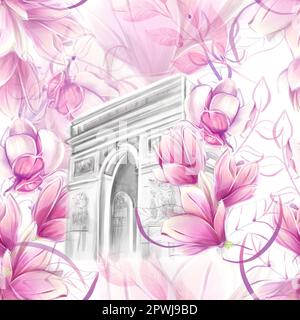 Seamless pattern with magnolias and french architecture, landmarks. Romantic floral spring pattern. Travel to France. Ideal for textile, industrial, s Stock Photo