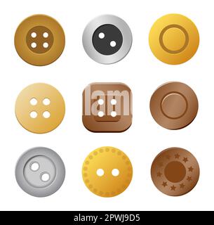 Sewing buttons. Gold silver metal bronze copper cloth rivets, craft needlework clothing. Vector of buttons design isolated, symbol and icon illustrati Stock Vector