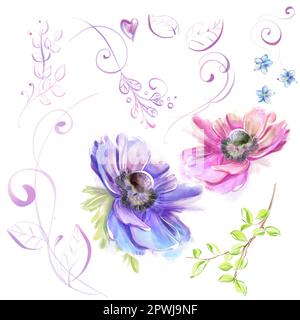 A set of illustrations in a watercolor style: anemones, decorative pattern, elements, doodle, pink swirls, leaves to create a design. Romantic spring Stock Photo