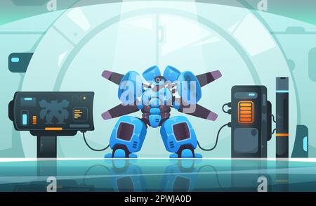 Android cyberpunk scene. Futuristic cyborg and robots, cyber electronic characters in virtual punk city, future bionic engineering concept technology Stock Vector