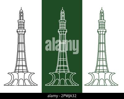 23rd of march Pakistan Day Celebration vector illustration -Vector Tower of Pakistan monument silhouette set minar e pakistan in green,white and black Stock Vector