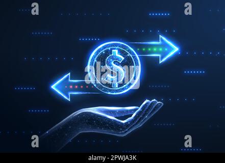 Coin and two right left arrows on hand. Financical service, Bank transfer, currency exchange, stock investment, cashback rewards, revenue generation, Stock Vector