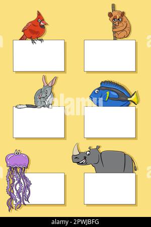 Cartoon illustration of animals with blank cards or banners design set Stock Vector