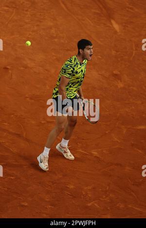 Carlos Alcaraz in action against Grigor Dimitrov during the Mutua Madrid Open 2023, Masters 1000 tennis tournament on April 30, 2023 at Caja Magica in Madrid, Spain - Photo: Antoine Couvercelle/DPPI/LiveMedia Stock Photo