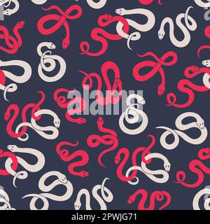 Vector seamless pattern with cute twisted colorful snakes. Pink and white serpents randomly repeating on a dark background. Stock Vector