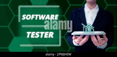 Conceptual caption Software Tester, Word for implemented to protect software against malicious attack Stock Photo