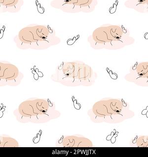 Cute sleeping puppy, clouds, stars, crown, butterflies Seamless pattern. Gentle colors For newborn Stock Vector