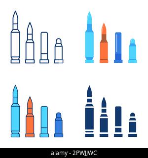 Military ammunition icon set in flat and line style. Weapon ammo, bullets symbol. Vector illustration. Stock Vector