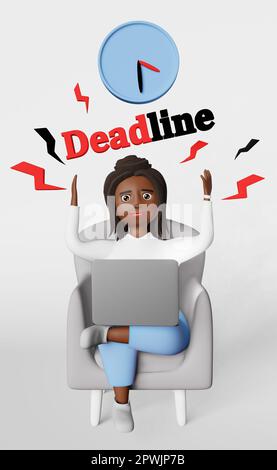 Scared stressed African American woman employee 3d character working on laptop on video conference Corporate meeting. Time management Diverse freelanc Stock Photo