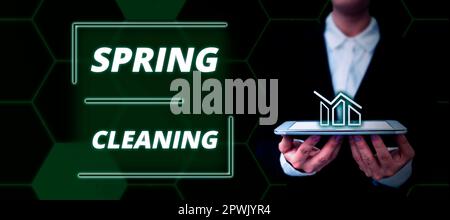 Hand writing sign Spring Cleaning, Word Written on practice of thoroughly cleaning house in the springtime Stock Photo