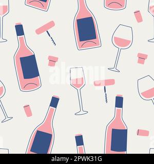 Vector seamless pattern with wine bottle, glass, corkscrew and corks. Print for design. Stock Vector