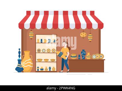 Souvenir Shop with Various the Gifts, Decorative Vases and Jewelry to Share by Friends or Family in Flat Cartoon Hand Drawn Templates Illustration Stock Photo