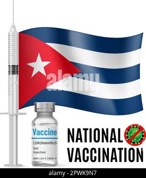 Flag of Cuba with Vaccine Immunization Syringe and the Vial of Antibiotic for Vaccination. Concept of Health Care and National Vaccination with Cuban Stock Vector
