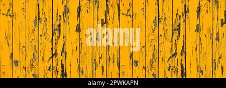 wooden shabby plank vintage background. Yellow paint peeling from a wall of brown and gray wooden planks and boards. Stock Photo